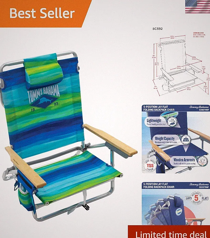5-Position Classic Lay Flat Folding Backpack Beach Chair, Blue and Green Stri...
