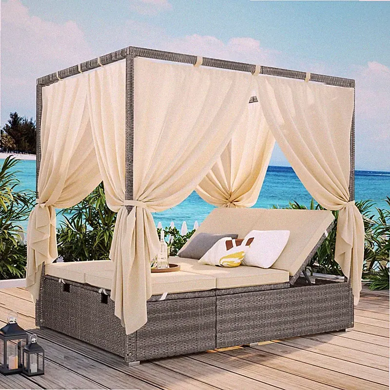 Adjustable Outdoor Sun Lounger with Canopy & Folding Chaise – Steel, Red/Bei