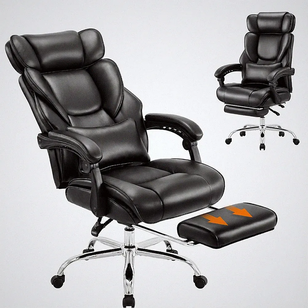 High Back Office Chair with Adjustable Headrest, Retractable Footrest & Lumba...