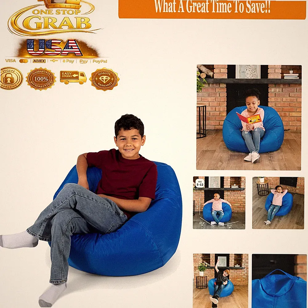 Kid's Classic Sapphire Bean Bag Chair Durable Nylon Polyester Ready Filled