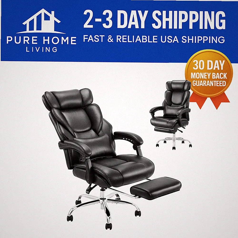 Luxury Black Bonded Leather Executive Chair with Adjustable Recline & Pillow