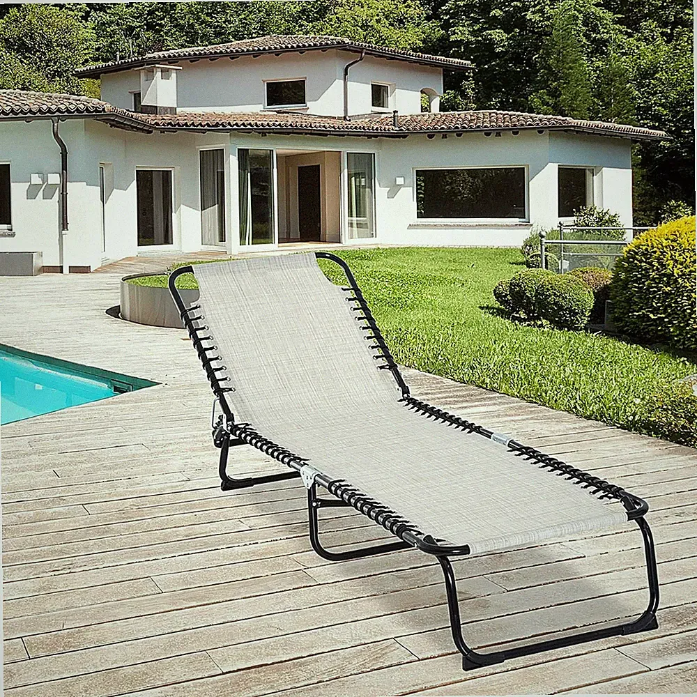OUTDOOR CHAISE LOUNGE Folding Adjustable Recliner Cream White Mesh Fabric
